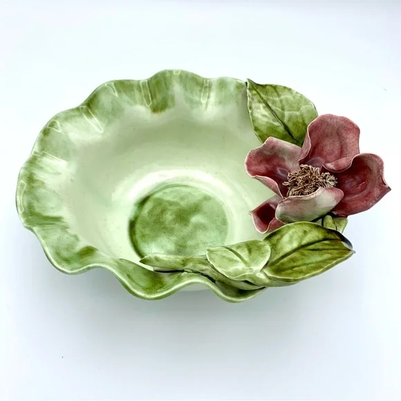 Vintage Majolica Pottery Bowl 8” Green Leaves Pink Capodimonte Raised Flower - Picture 7 of 16